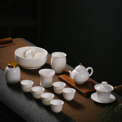 德化白瓷茶具套装批发 家用简约功夫描金边羊脂玉瓷杯定做 办公泡茶壶盖碗茶